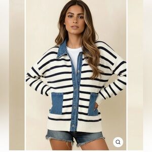 SS5–(pre order 1/15) Navy Striped Denim-Accent Cardigan